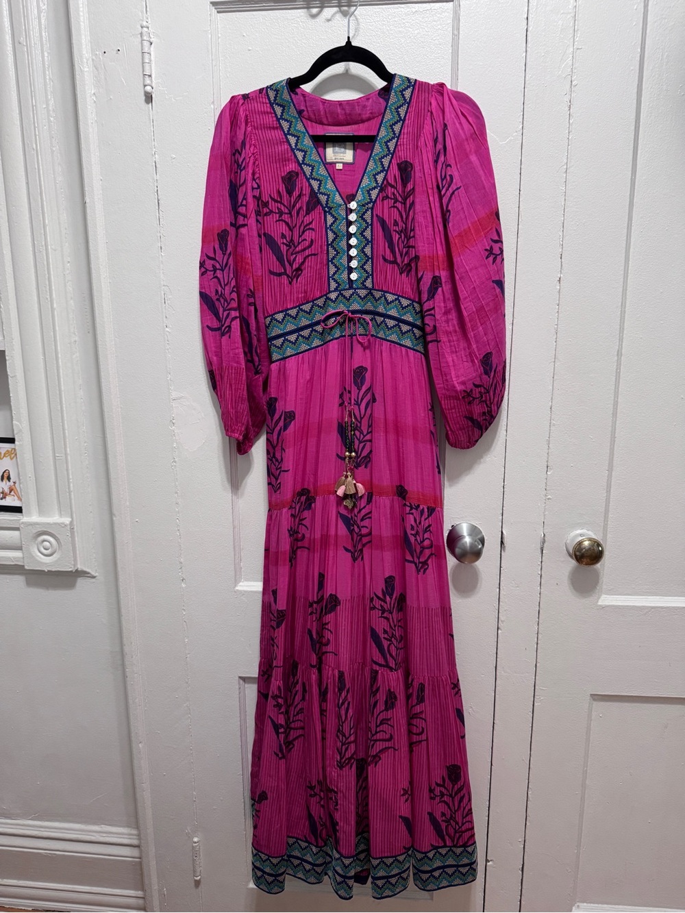 Fuchsia Embroidered Maxi Dress with Teal Trim